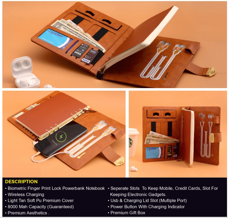 Smart Powerbank Notebook with Wireless Charging β 8000 mAh | Biometric Lock | Multi-Device USB Support