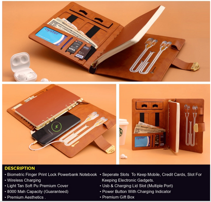 Smart Powerbank Notebook with Wireless Charging – 8000 mAh | Biometric Lock | Multi-Device USB Support